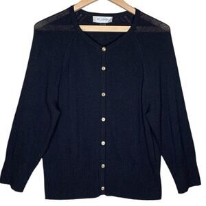 St John Collection Santana Knit Cardigan L Large Black Navy Gold  Logo Buttons